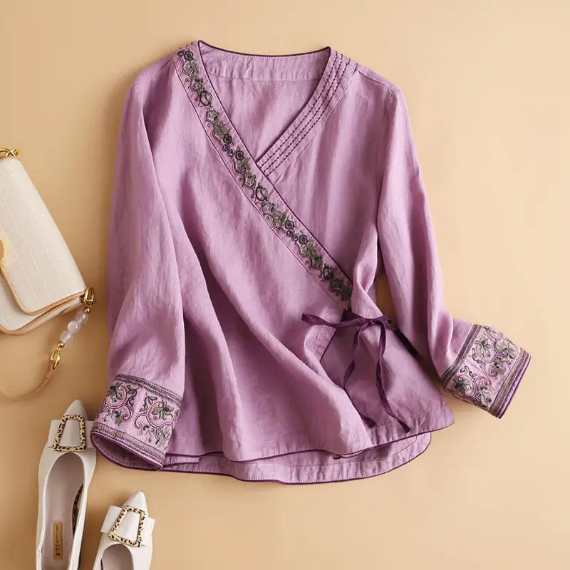 Women's Embroidered Cotton Linen Shirt with Lace-Up Closure - Image 3