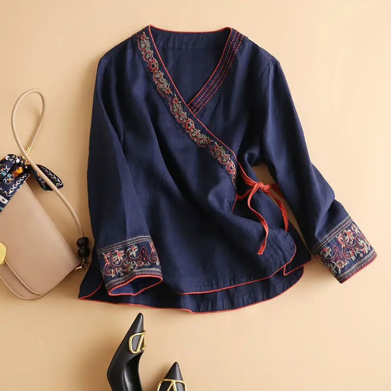Women's Embroidered Cotton Linen Shirt with Lace-Up Closure - Image 4