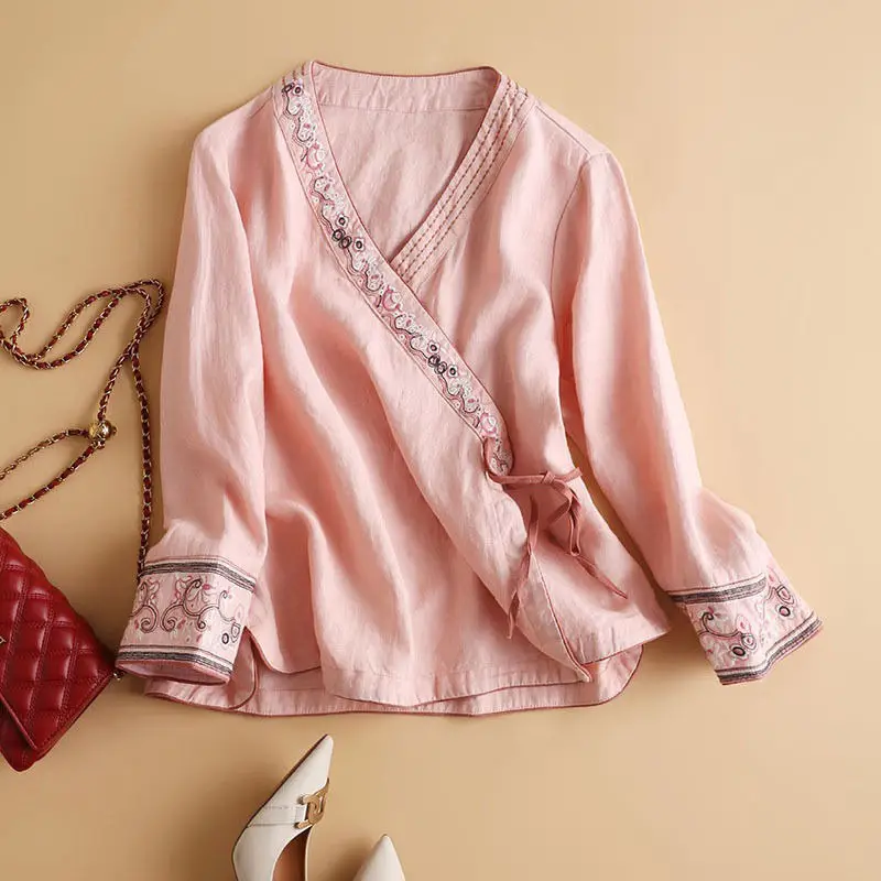 Women's Embroidered Cotton Linen Shirt with Lace-Up Closure - Image 2