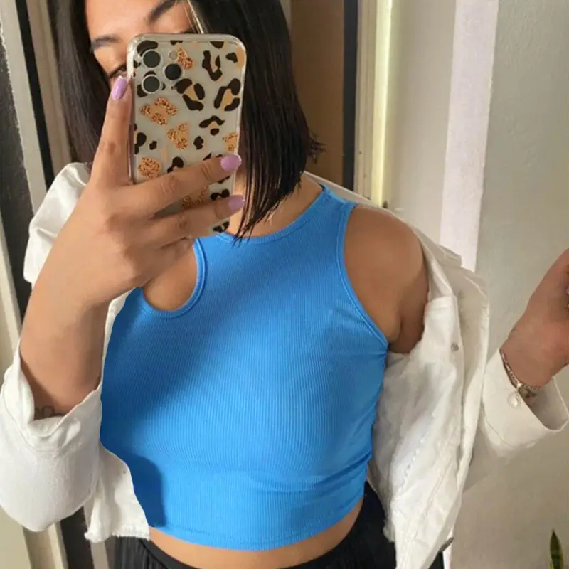 Women's Purple Ribbed Navel-Baring Vest Top - Image 6