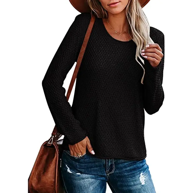 Women's Knitted Round Neck Sweater Long Sleeve Beige — feature 13