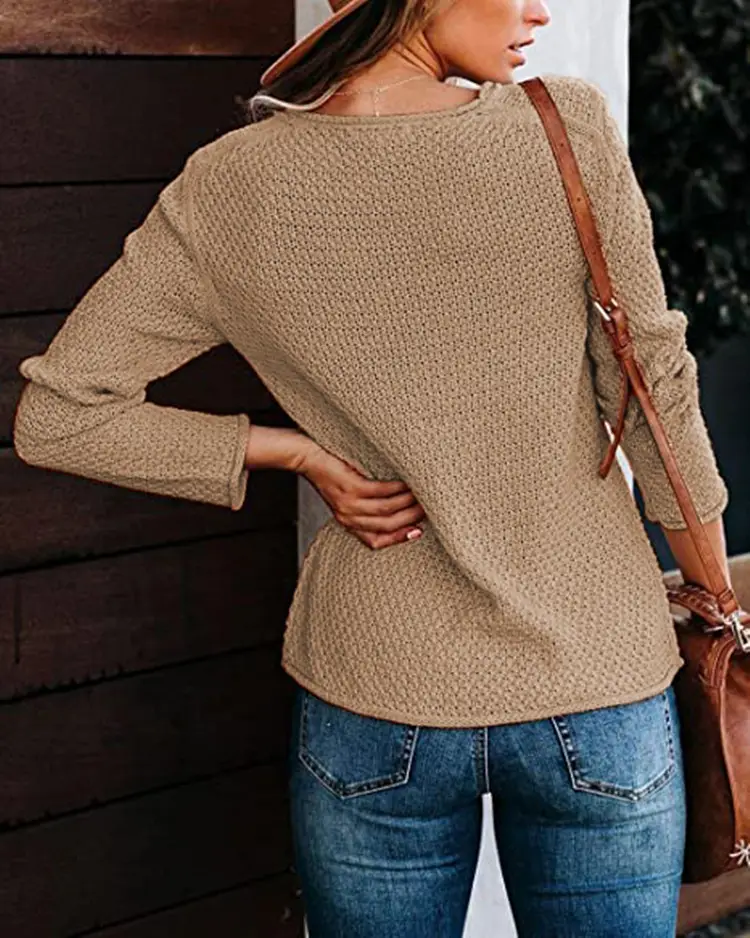 Women's Knitted Round Neck Sweater Long Sleeve Beige — feature 19