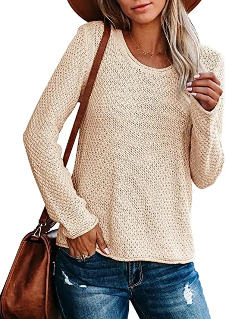 Women's Knitted Round Neck Sweater Long Sleeve Beige — feature 22