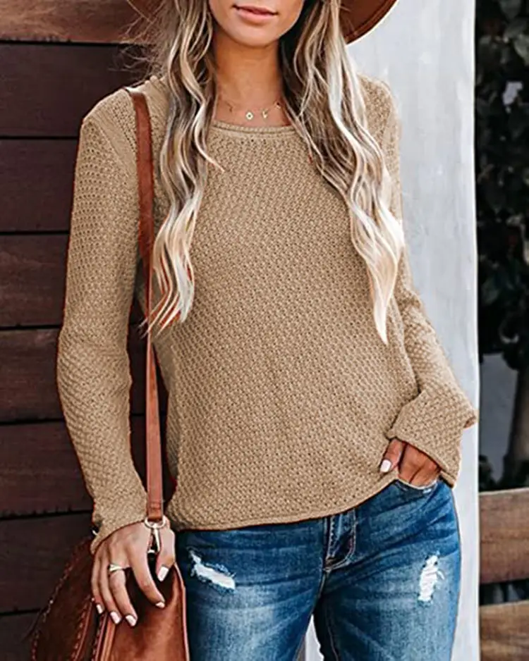 Women's Knitted Round Neck Sweater Long Sleeve Beige — feature 23