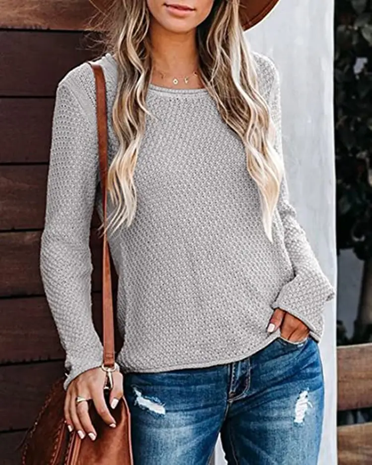 Women's Knitted Round Neck Sweater Long Sleeve Beige — feature 6