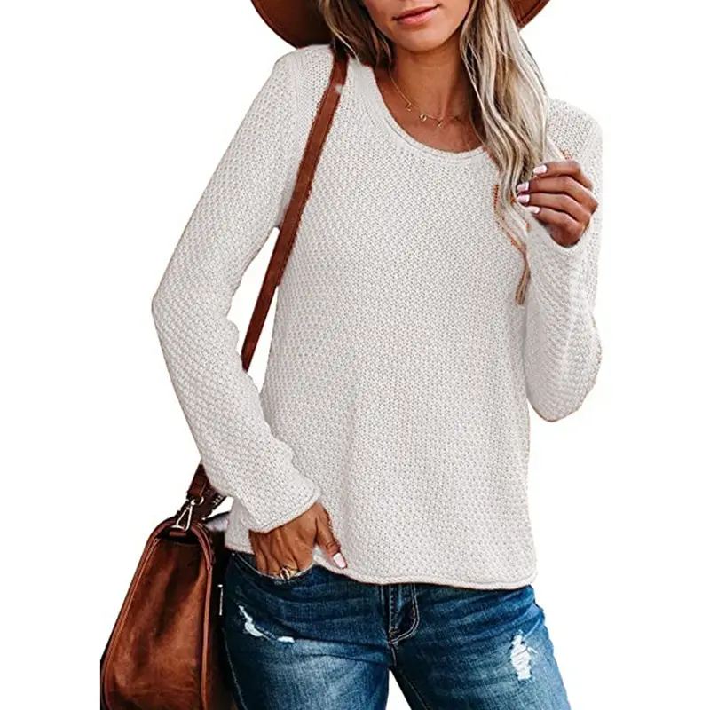 Women's Knitted Round Neck Sweater Long Sleeve Beige — feature 8