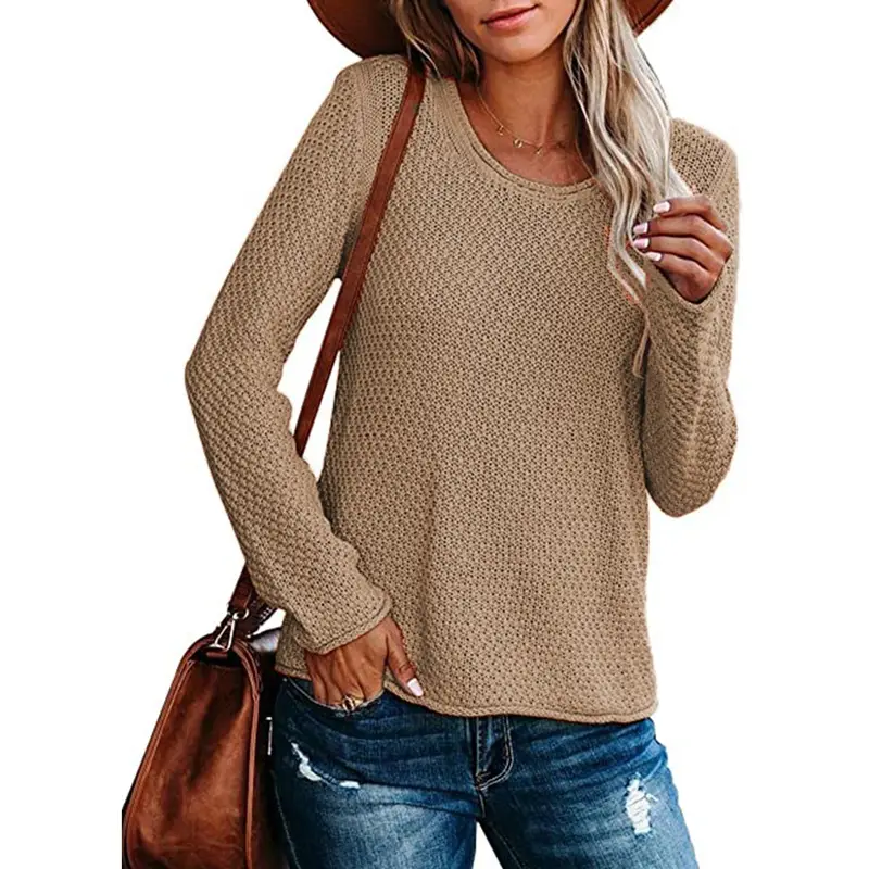 Women's Knitted Round Neck Sweater Long Sleeve Beige