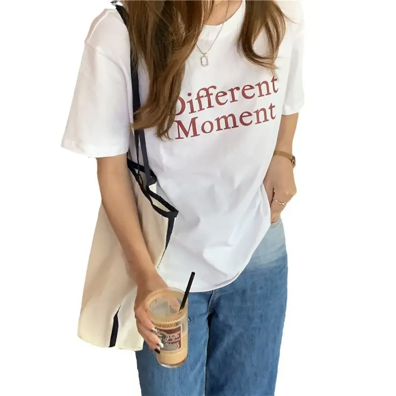 Women Loose Fit Letter T-Shirt White Summer Casual - Image 6
