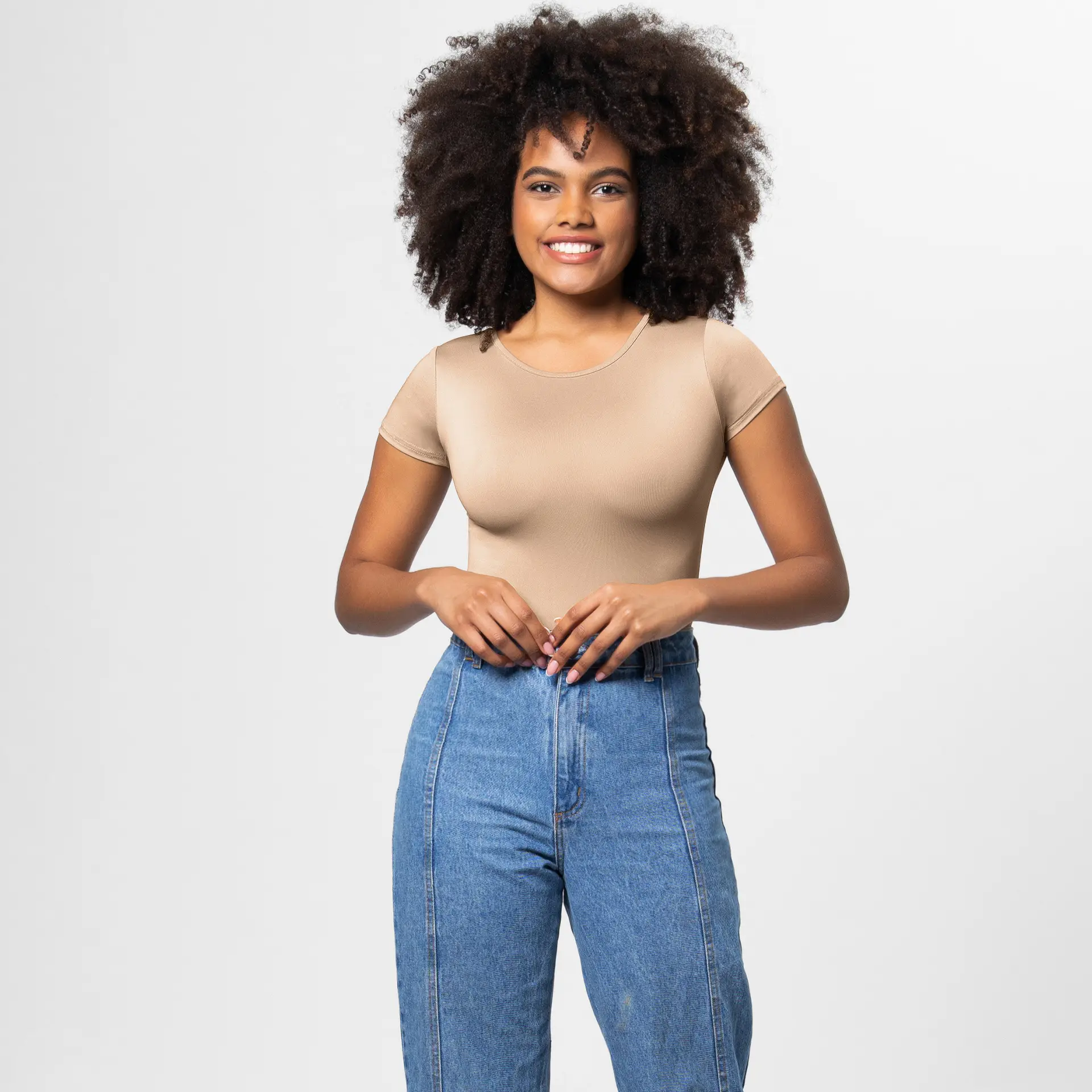 White Round Neck Bodysuit T-Shirt One-Piece Solid Color — feature 10