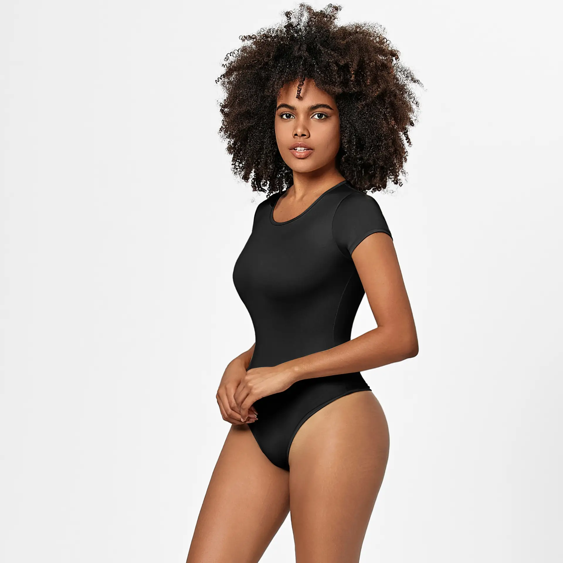 White Round Neck Bodysuit T-Shirt One-Piece Solid Color — feature 15