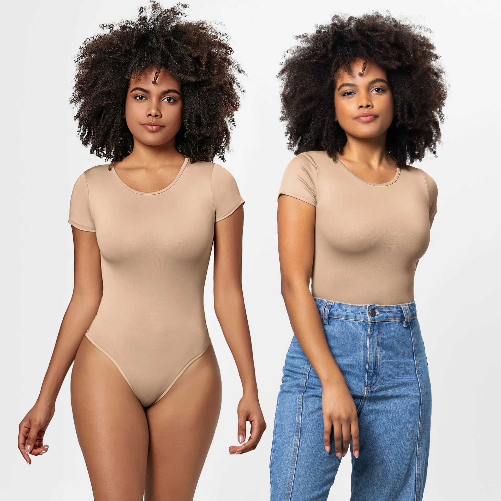 White Round Neck Bodysuit T-Shirt One-Piece Solid Color — feature 6
