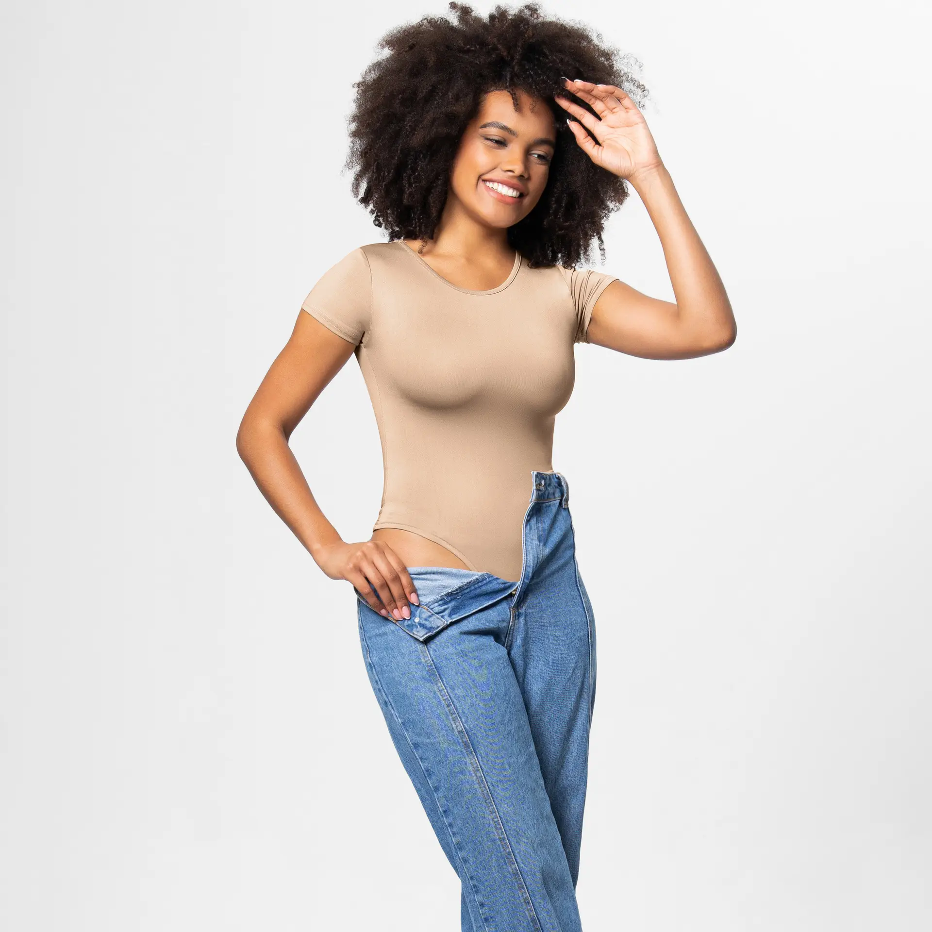 White Round Neck Bodysuit T-Shirt One-Piece Solid Color — feature 8