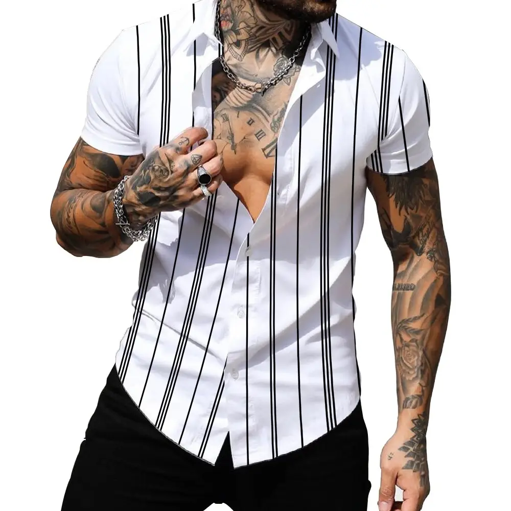 Men's Red White Striped Short Sleeve Shirt Large - Image 24