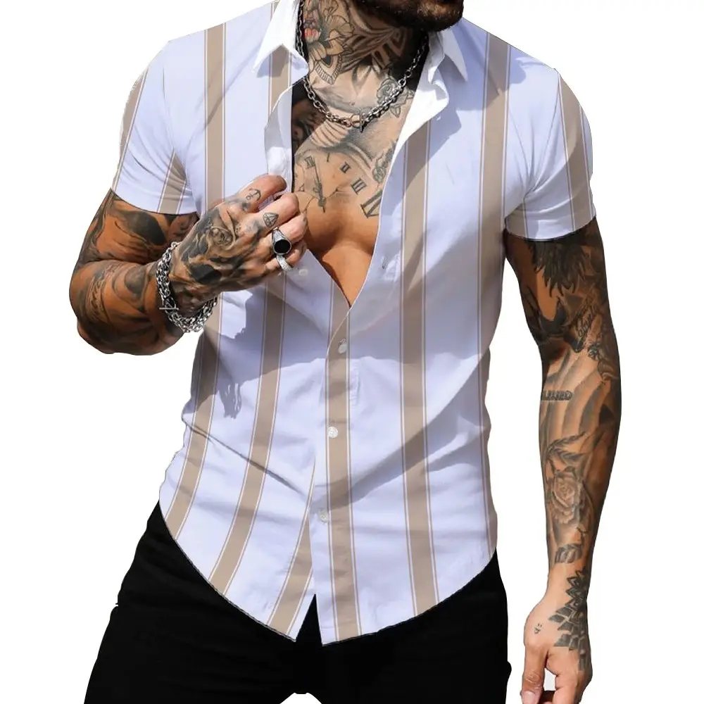 Men's Red White Striped Short Sleeve Shirt Large - Image 25