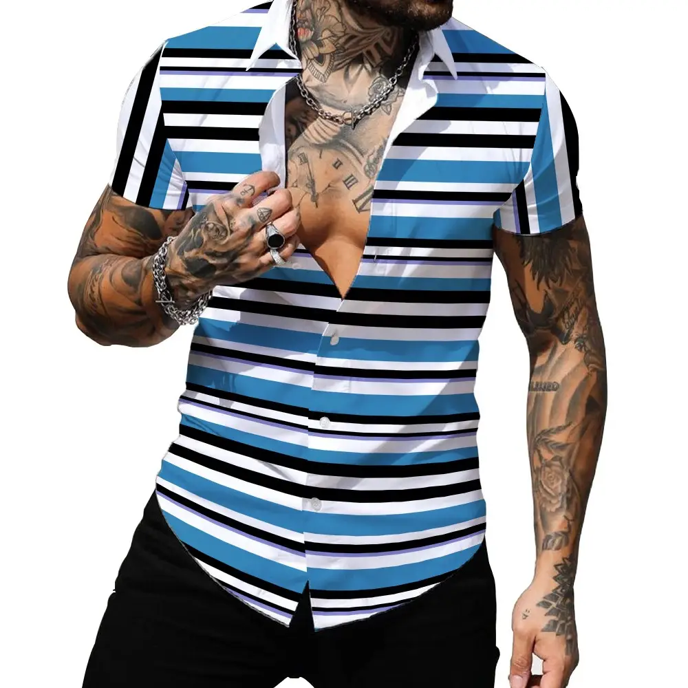 Men's Red White Striped Short Sleeve Shirt Large - Image 26