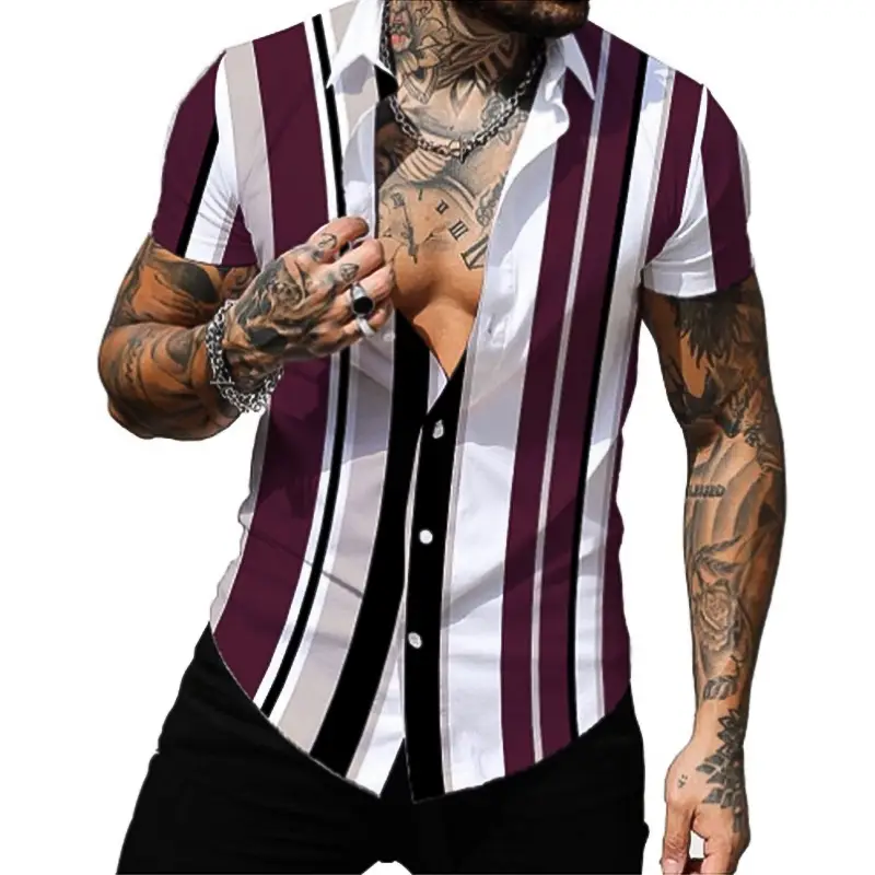 Men's Red White Striped Short Sleeve Shirt Large - Image 11