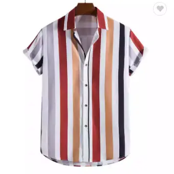 Men's Red White Striped Short Sleeve Shirt Large - Image 16