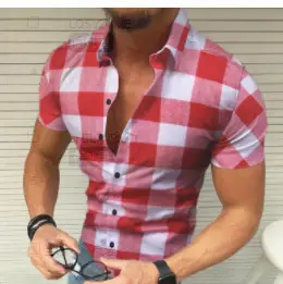 Men's Red White Striped Short Sleeve Shirt Large - Image 4