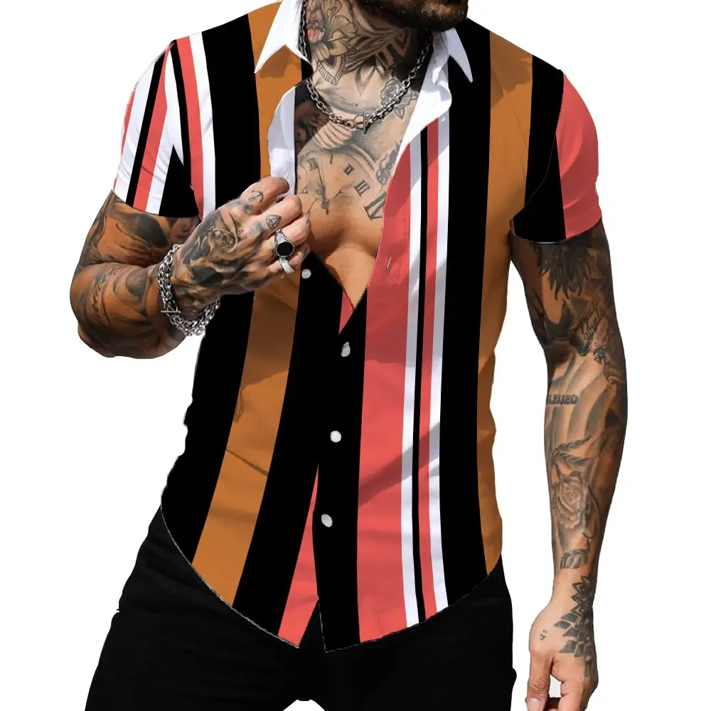 Men's Red White Striped Short Sleeve Shirt Large - Image 8