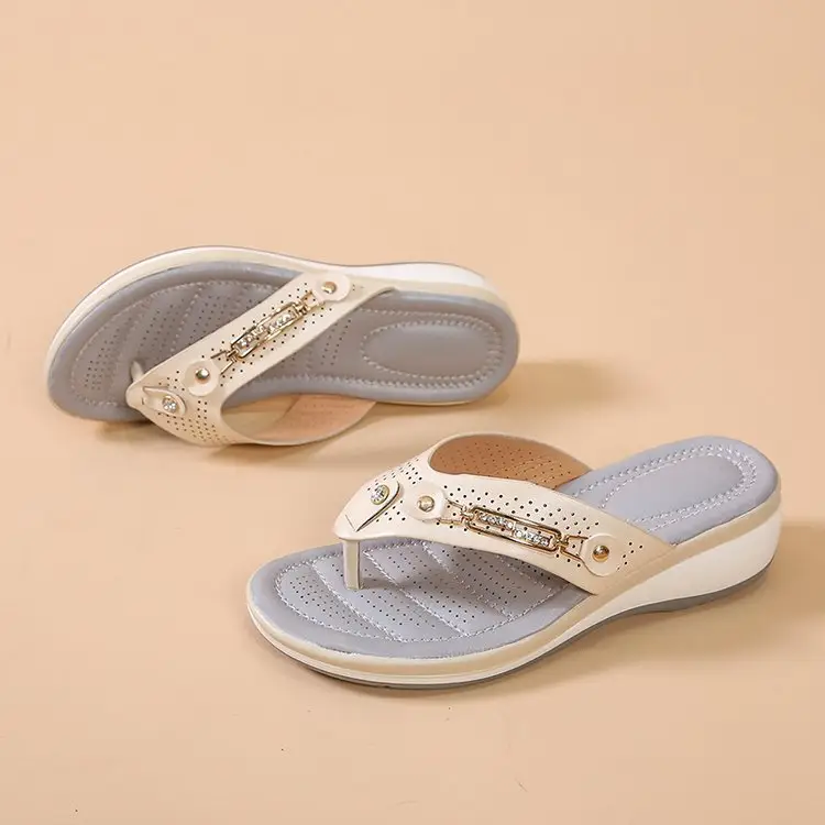 Women's Red White Flip Flops with Pearl Decor