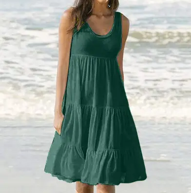 Women's Green Sleeveless Pleated Summer Dress 8 Yards - Image 4