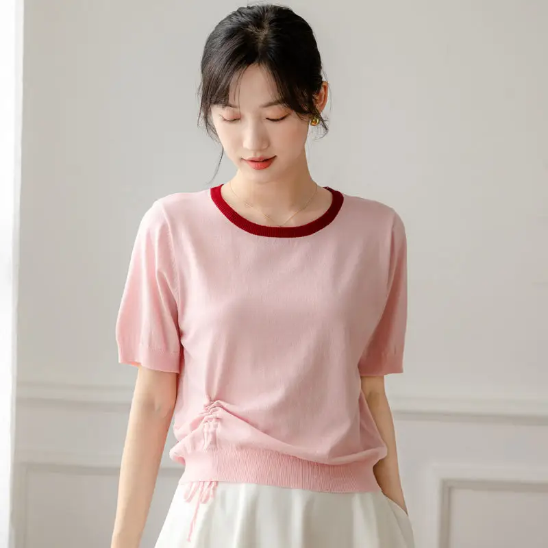 Women Ice Silk Knit T-Shirt Solid Beige Round Neck - Image 2