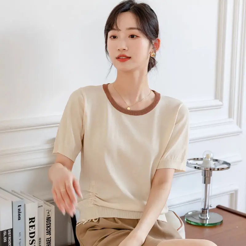 Women Ice Silk Knit T-Shirt Solid Beige Round Neck - Image 4