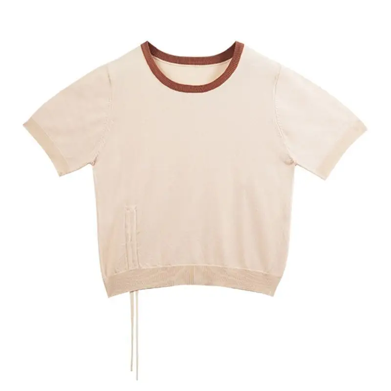 Women Ice Silk Knit T-Shirt Solid Beige Round Neck - Image 5