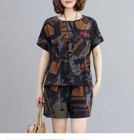 Plus Size Printed T-Shirt Shorts Set Loose Fashion Suit