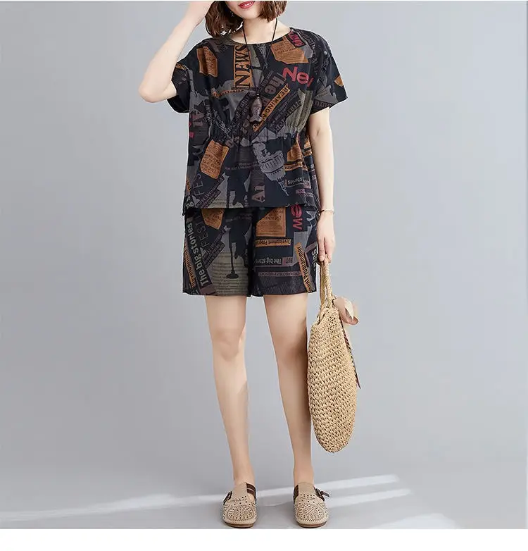 Plus Size Printed T-Shirt Shorts Set Loose Fashion Suit