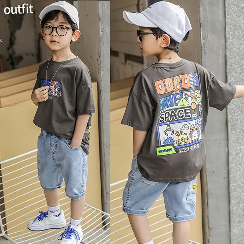 Boys Cartoon Print Shorts Set Gray Short Sleeve T-Shirt - Image 3