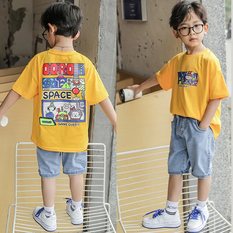 Boys Cartoon Print Shorts Set Gray Short Sleeve T-Shirt - Image 4