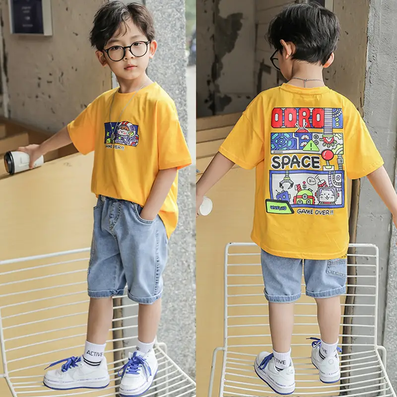 Boys Cartoon Print Shorts Set Gray Short Sleeve T-Shirt - Image 5