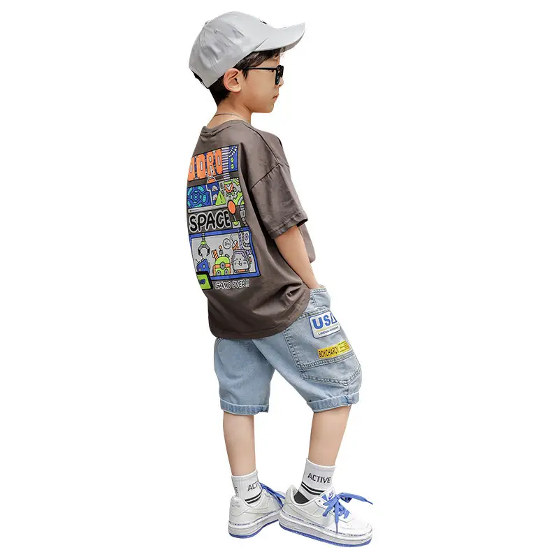 Boys Cartoon Print Shorts Set Gray Short Sleeve T-Shirt - Image 7