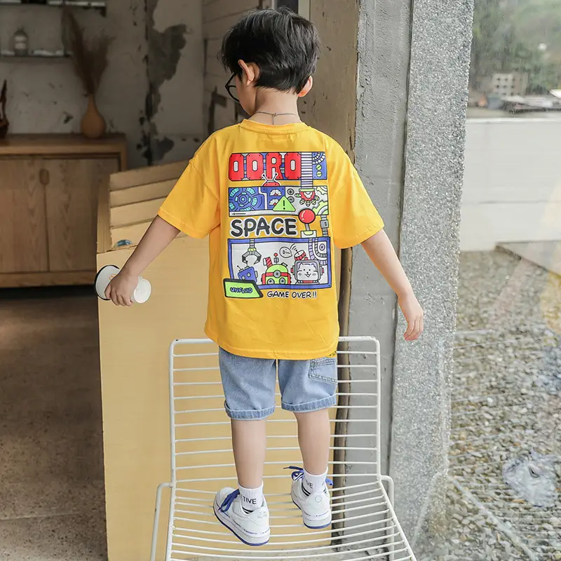Boys Cartoon Print Shorts Set Gray Short Sleeve T-Shirt - Image 2