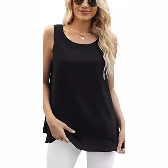 Women's Blue Chiffon Sleeveless Vest Top Double Layer Casual Top Belted Top - Image 10