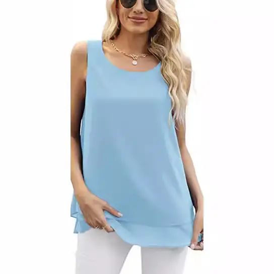 Women's Blue Chiffon Sleeveless Vest Top Double Layer Casual Top Belted Top - Image 13