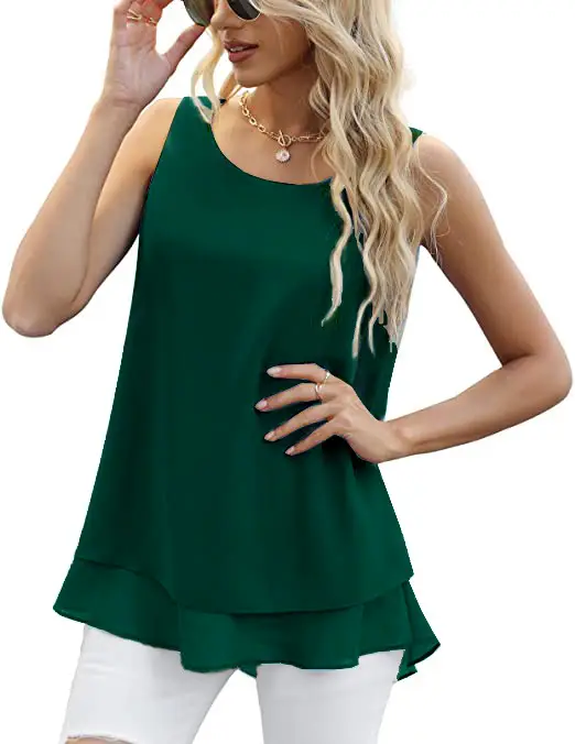 Women's Blue Chiffon Sleeveless Vest Top Double Layer Casual Top Belted Top - Image 8