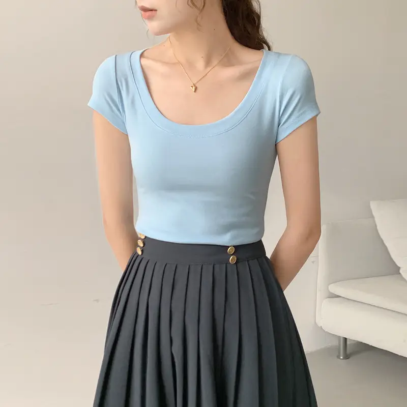 Women Cotton Crewneck T-Shirt Light Blue 2025 - Image 7