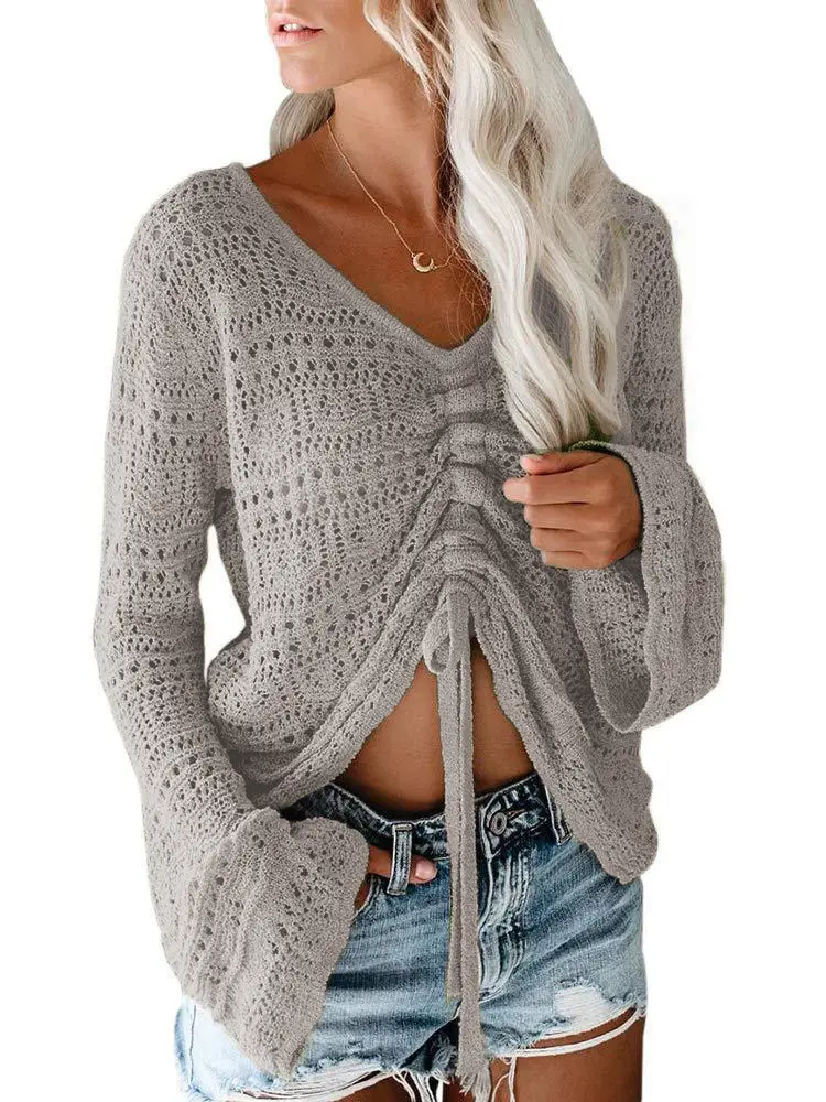 2023 Summer Beige Knitted Drawstring Sweater for Women - Image 7