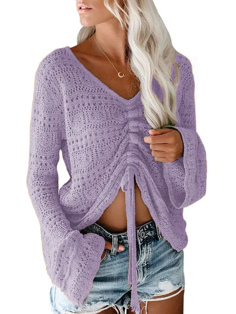 2023 Summer Beige Knitted Drawstring Sweater for Women - Image 8