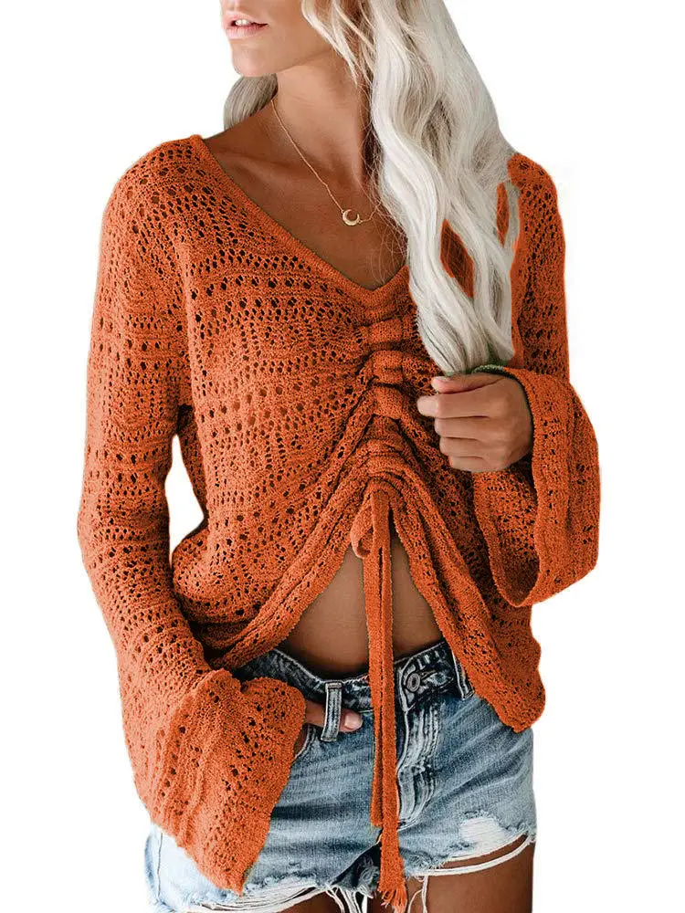 2023 Summer Beige Knitted Drawstring Sweater for Women - Image 9