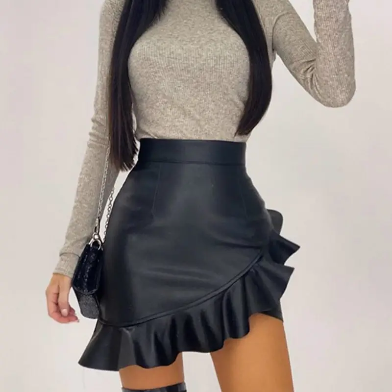 High Waist Ruffled Leather Skirt for Women - Image 3