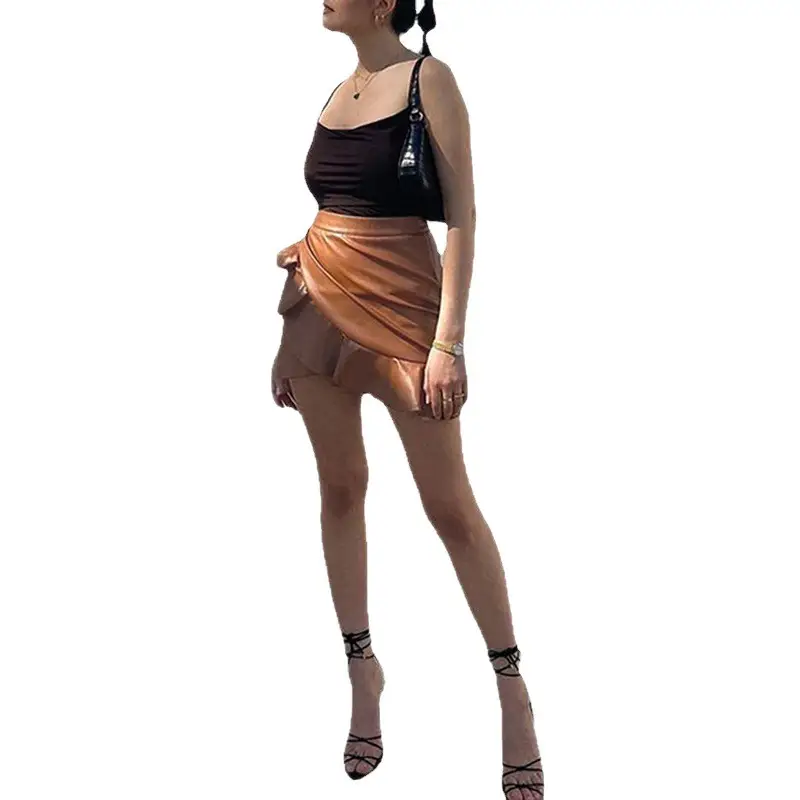 High Waist Ruffled Leather Skirt for Women - Image 7