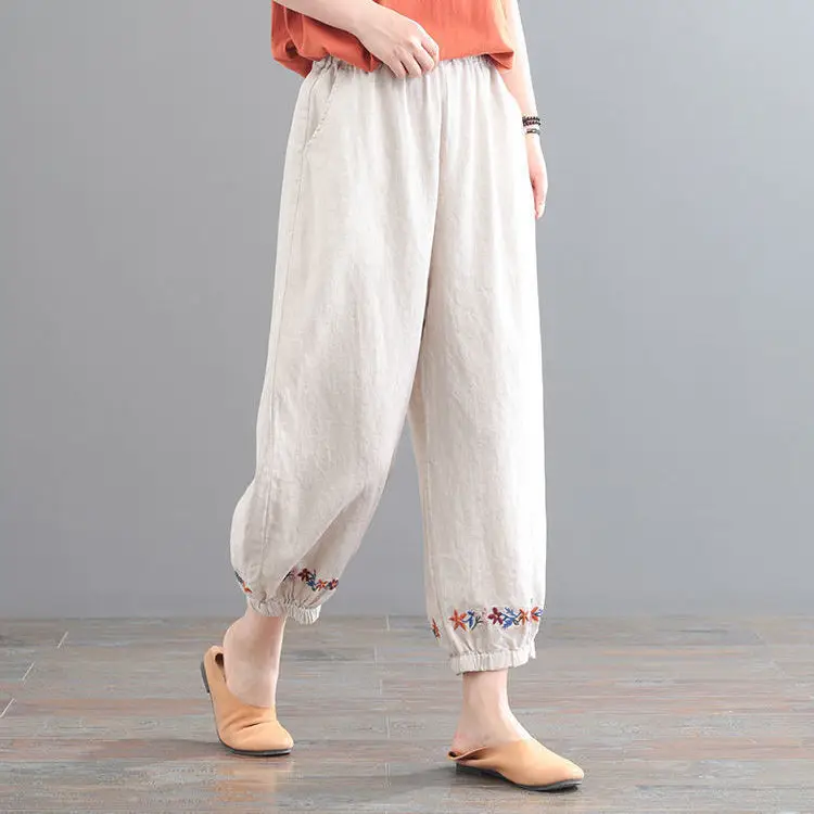 Women's Linen Nine-Piece Harem Pants Large Cream - Image 5