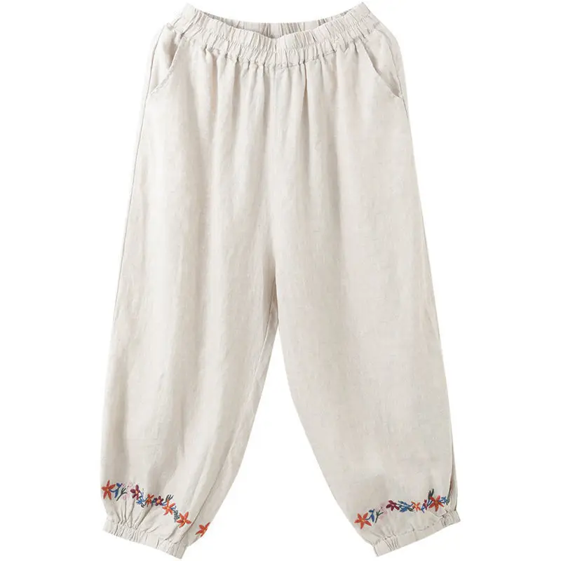 Women's Linen Nine-Piece Harem Pants Large Cream - Image 9