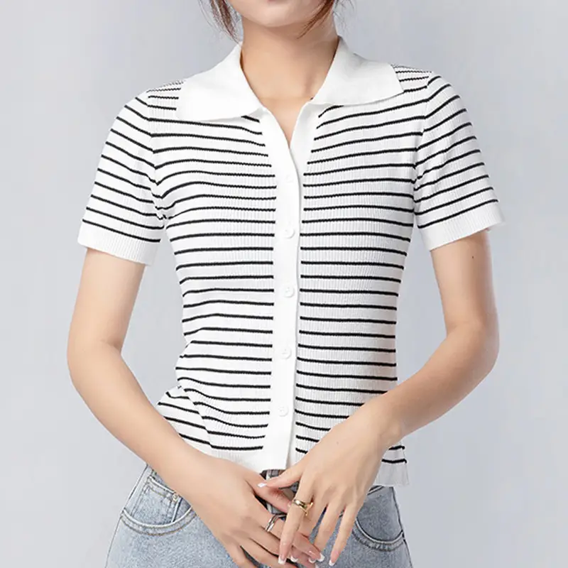 Women Striped Ice Silk Top Summer Top - Image 7