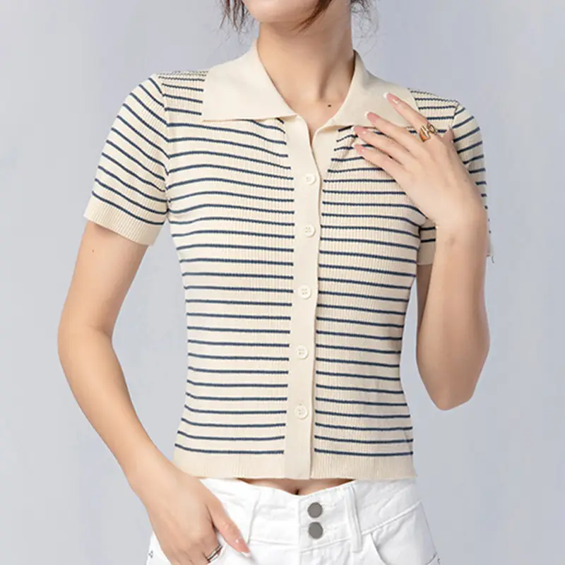 Women Striped Ice Silk Top Summer Top - Image 8