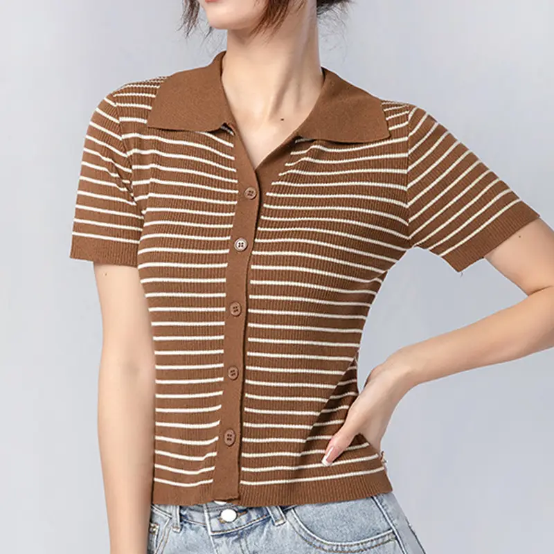 Women Striped Ice Silk Top Summer Top - Image 9