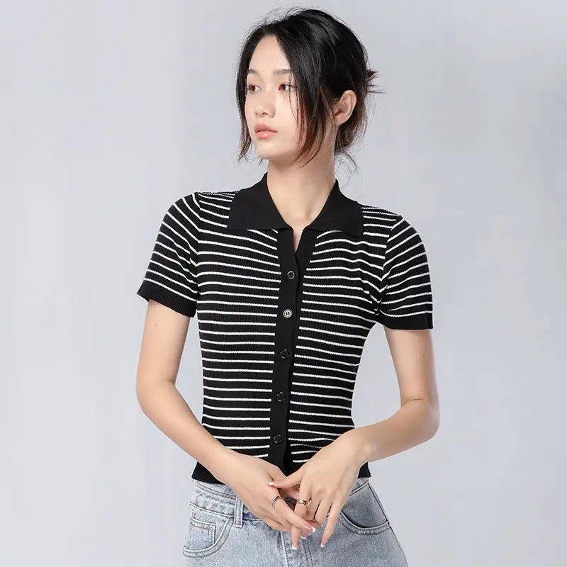 Women Striped Ice Silk Top Summer Top - Image 3